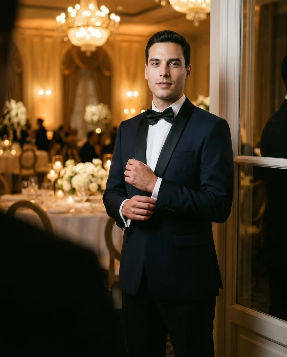 Invitado con smoking azul marino rentado en Laurenti en una boda de noche