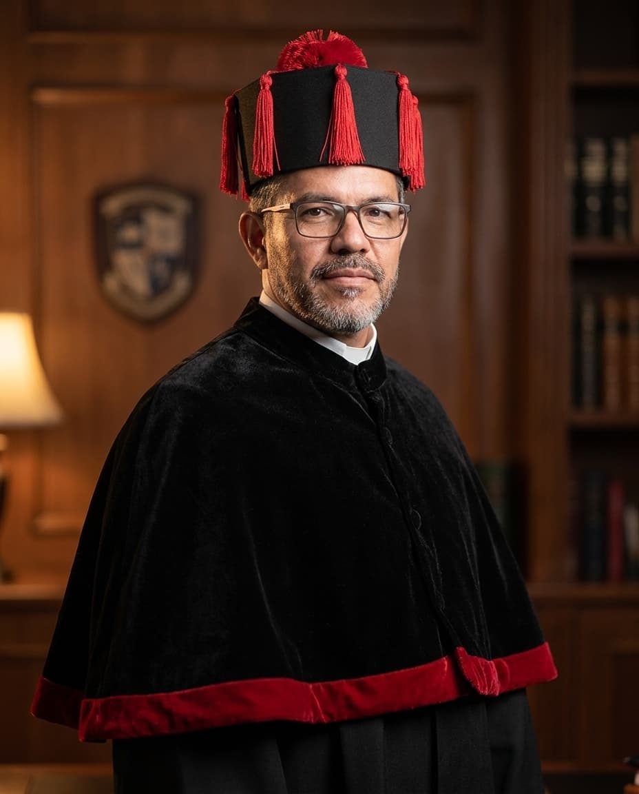 Profesor mexicano con toga de doctorado Laurenti — capa negra de terciopelo con trim rojo, birrete hexagonal con tassels rojos, en estudio académico