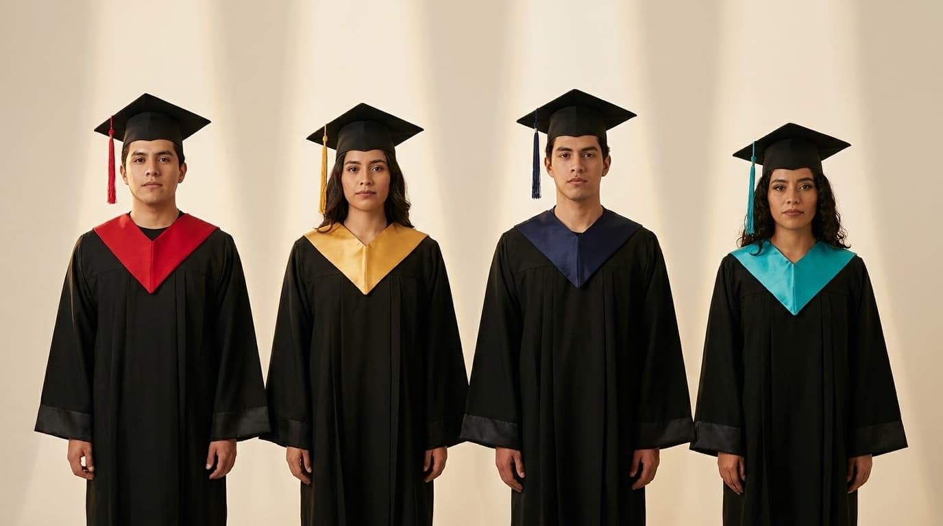 Cuatro graduandos mexicanos con togas Laurenti y estolas de diferentes colores: roja, dorada, azul marino y turquesa