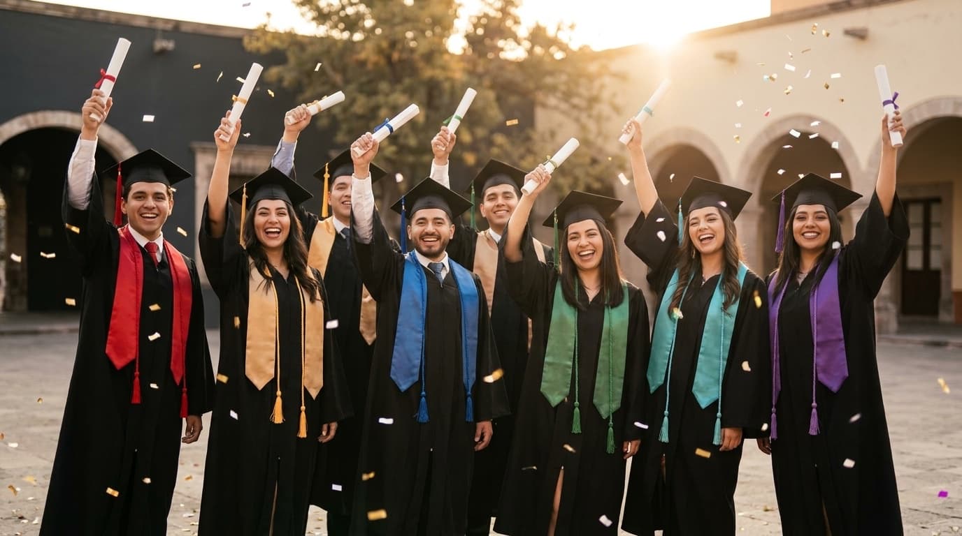Generación 2026 de graduandos mexicanos celebrando con togas Laurenti y estolas de colores variados