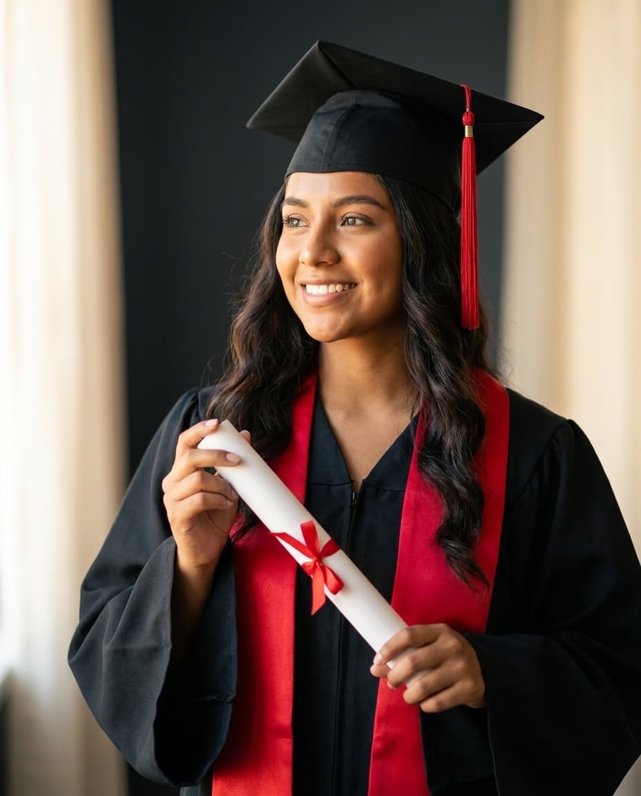 Estudiante mexicana con toga y birrete de graduación Laurenti, estola roja, sosteniendo su diploma